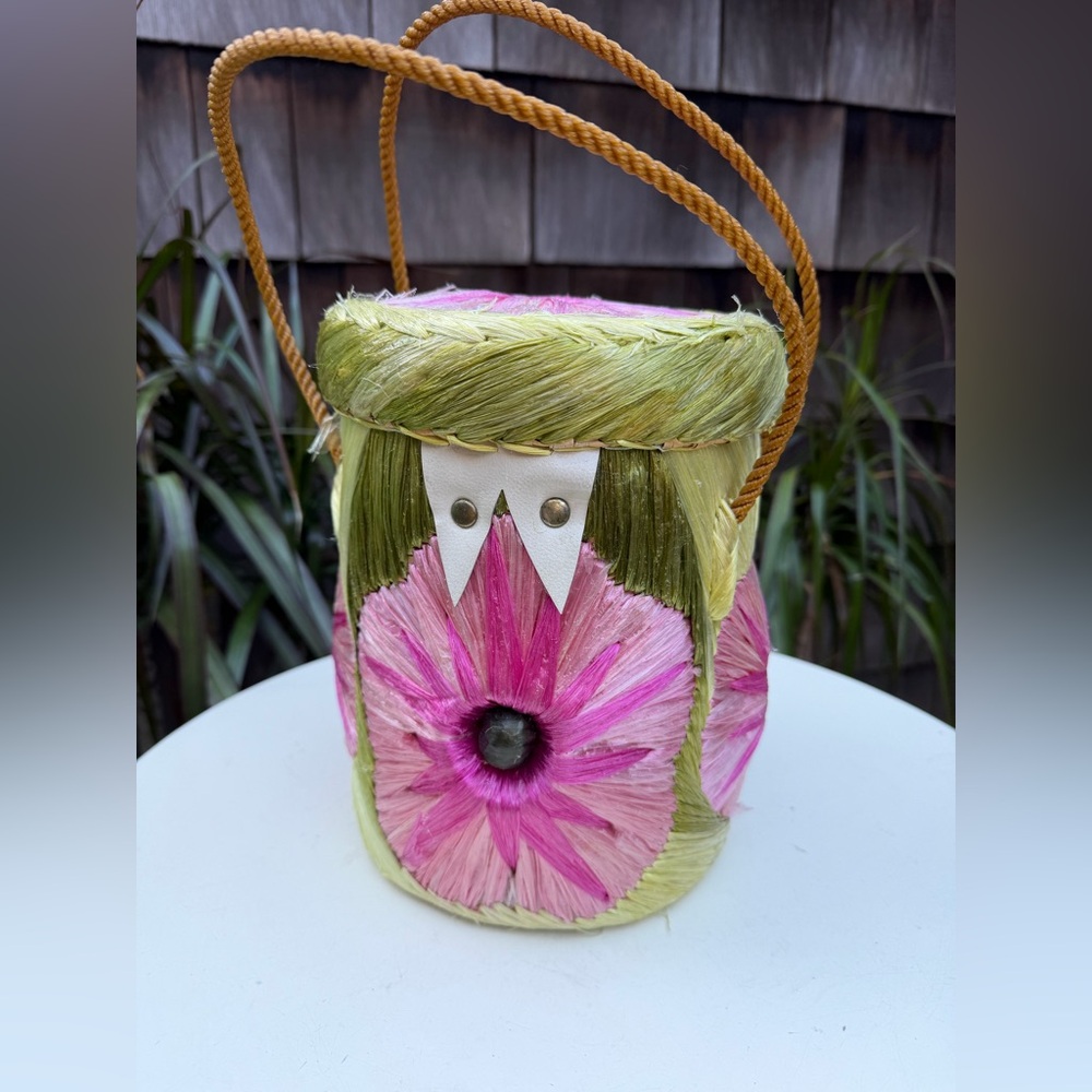 Vintage boho basket tote tall bag floral straw handles pink greens - Picture 5 of 10